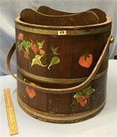 Large wooden bucket with a painting of strawberrie