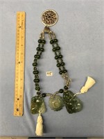 Jade bead and silver alloy necklace with 3 carved