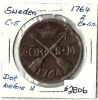 SWEDISH 1764 2 ORE COIN (VARIETY)