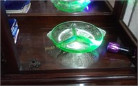 Green glass footed sectioned depression glass