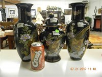 Asian Pair of Black Floral w/bird vases and