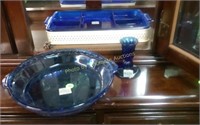 Lot of Blue Divided dish, pie plate, candlestick