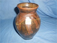 Clay unsigned brown glazed  dark design 9" vase