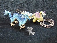 2 Metal Dragon Figurines Bejeweled W/Crystal