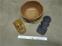 2 Carved Masks & Carved Wood Bowl
