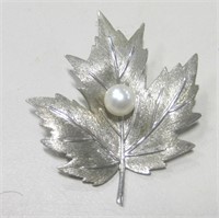 Sterling .925 Marked Pearl Leaf Brooch