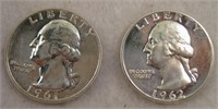 1961 & 1962 Silver Proof Quarters