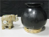 Carved Stone Elephant w/ Inlays & Black Vase