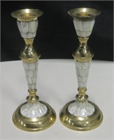 Set of 2 Brass & Mother of Pearl Candlesticks 8"