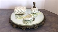 Large antique mirrored dresser tray with