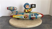 Large vintage tin/litho rocket ship toy