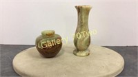 Pair of small green/brown/red onyx vases –