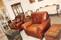 x2 Brown Oversized Leather Chairs w/ nailhead trim