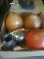 Box of pewter pitchers, Etc