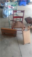 Wood chairs, wooden sled model, hanging cork