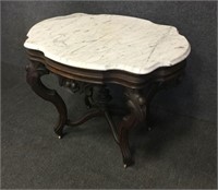 Marble Top Carved Wood Parlor Table w/Wheels