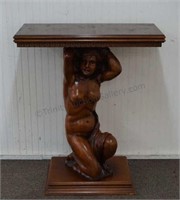 Wood Carved Nude Female Swivel Top Side Table