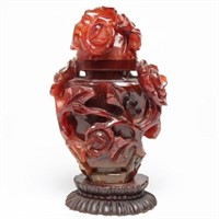 Asian Carved Red Agate Lidded Vase