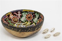 Huichol Mexican Beaded Spirit Gourd Bowl