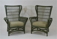 Pair of Wicker Arm Chairs Painted Green