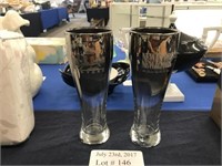 TWO CHROME GLASS PATRIOTIC BEER GLASSES WITH IMAGE