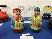 TWO HAND PAINTED CHARACTER BEER STEINS WITH THUMB