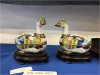 CLOISSONNE ENAMALED PAIR OF GEESE CONTAINERS