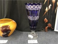 15.5" COBALT CUT TO CLEAR CRYSTAL TALL VASE