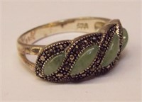 Sterling Silver & Marcasite Ring W/green Hardstone