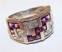 Sterling Silver Ring Iwth Clear And Purple Stones