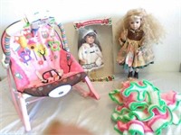 2 porcelain dolls, Mattel doll, & Fisher Price