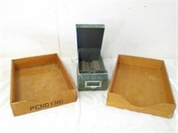 2 wood mail boxes with agate card catalog tray