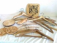 Group of wood hangers with walnut trivet & wood