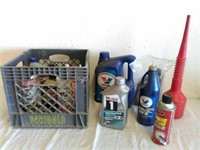 Group of car oils & lubricants with milk crate