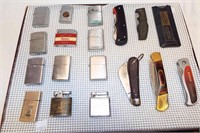 Group Of Pocket Knives And Lighters