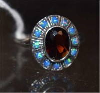 Sterling Silver Ring w/ Red Stone and Opals