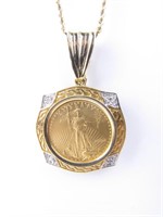 14K Yellow Gold Diamond Coin Pendant, Chain