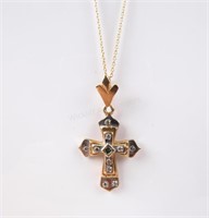Antique Diamond, Emerald,Cross Pendant, Chain, 14K
