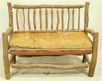 RUSTIC LOG BENCH WITH HIDE SEAT