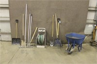 Wheelbarrow, Assorted Lawn and Garden Tools, and