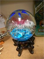 BEAUTIFUL LARGE BLOWN GLASS PAPERWEIGHT W/STAND