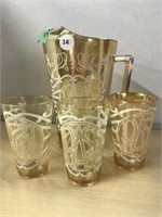 Carnival Glass Rate Monogrammed Pitcher And 3 Cups