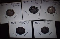1875, 76cc, 77cc, 90, and 1891 Seated Dimes