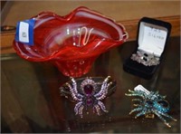 Small Hand Blown Art Glass Bowl, Jeweled Spider