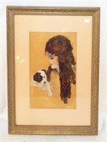 Watercolor Portrait Of Girl With Dog