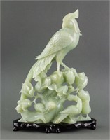 Chinese Hetian Green Jade Carved Phoenix w/ Stand