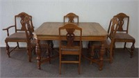 Vintage Walnut 6 Leg Dining Table with 6 Chairs