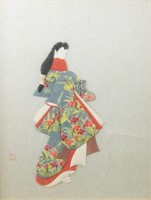 Japanese Embroidery of Lady in Kimono Framed