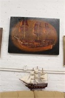 2pc Ship Painting by Caldwell & Model Ship