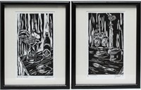 Signed Illegibly- Pair of Woodblock Prints